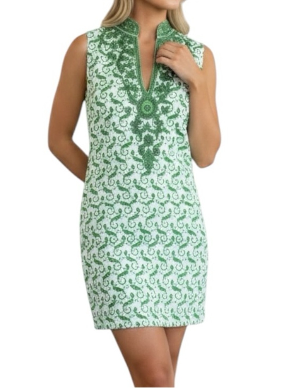 Barbara Gerwit Beaded Gecko Tunic Dress XS Green White Lizard Resortwear NWT